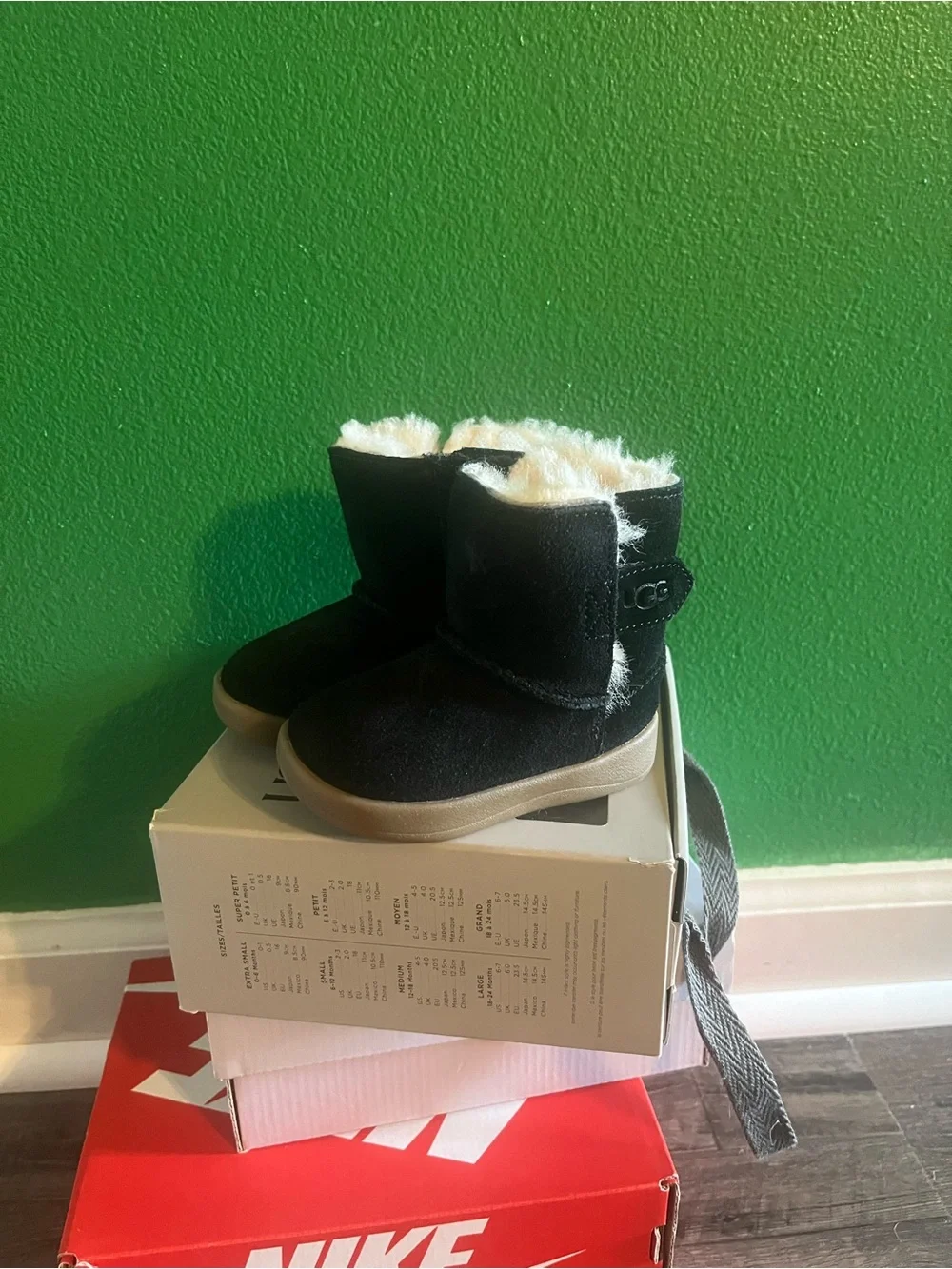 UGG Kids Black Suede Boot with Cream Fur